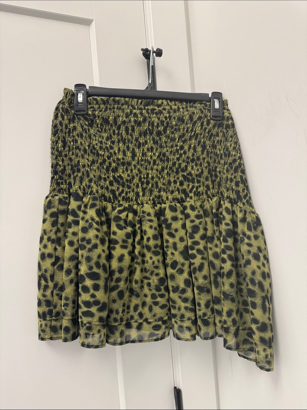 H&M Olive Green and Black Leopard Smocked Mini Skirt